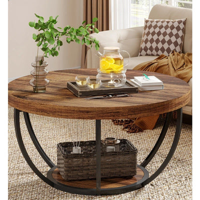Tribesigns Wooden Coffee Table, 2-Tier Round Cocktail Table with Shelf, Brown