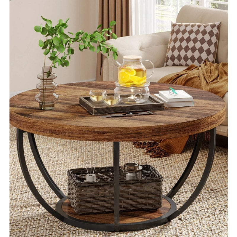 Tribesigns Wooden Coffee Table, 2-Tier Round Cocktail Table with Shelf, Brown