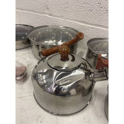 Cookware Set Pots and Pans Tea Kettle Silver w Brown Accents SEE DETAILS