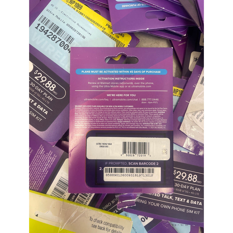UNVERIFIED LOT OF 87 Mobile SIM Cards - Assortment of Brands & Plans