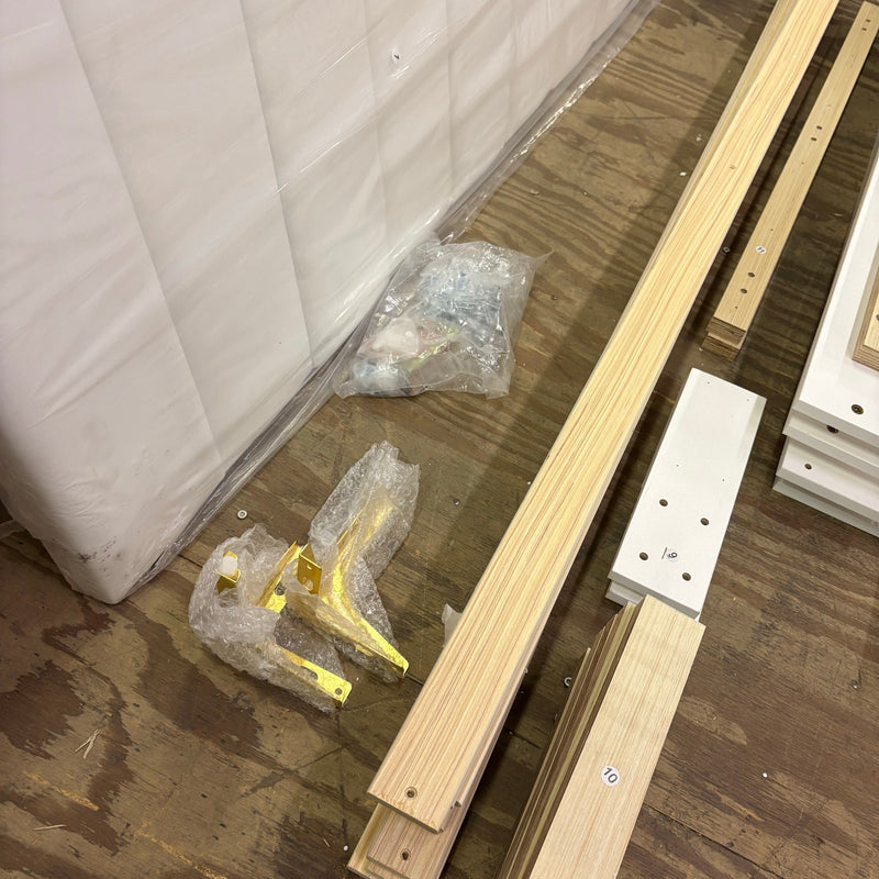 Queen Platform Bed with White Wood Frame, Upholstered Headboard, Gold Edged Panels