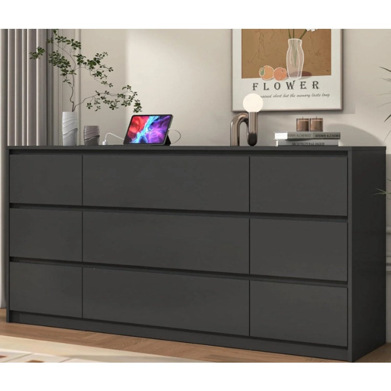 ChVans 9 Drawers Dresser with Charging Station, 63" Long, Modern, Black, READ