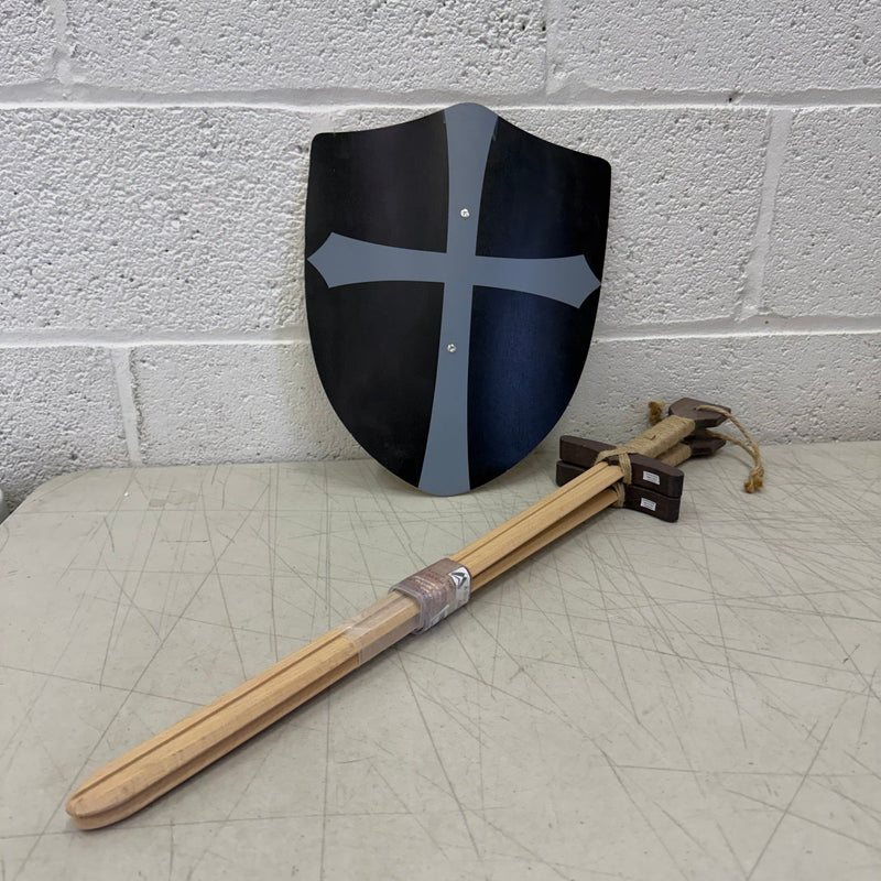 Knights Templar Style Wooden Sword & Shield Set, Lightweight & Durable - Black