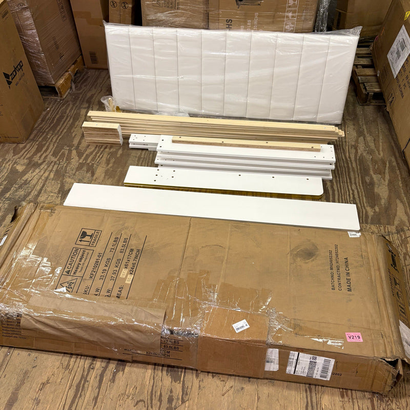 Queen Platform Bed with White Wood Frame, Upholstered Headboard, Gold Edged Panels