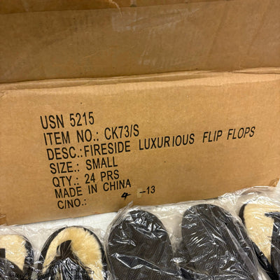 LOT-OF-24 Fireside Flip Flops SMALL, Fur Lining, Rubber Bottom - Black / Tan