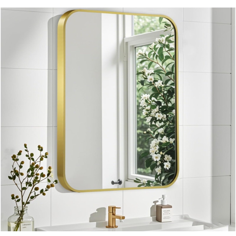 CLBA Matte Gold Mirror 22x30" Rounded Rectangle Aluminum Alloy Framed Vanity