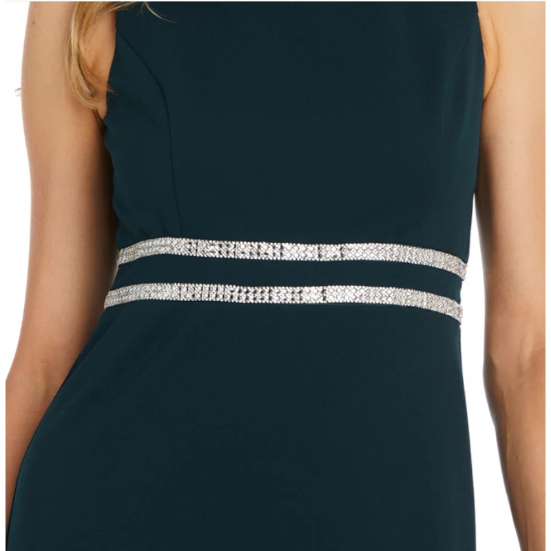 R&M Richards Knee Length Rhinestone Cocktail Dress w Bottom Ruffle Green Sz 14