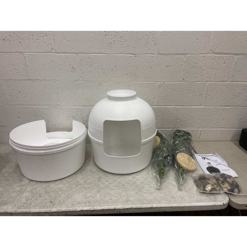 2-Pack Hawsaiy Hidden Cat Litter Box Enclosure w Faux Plant & Real Stones, White