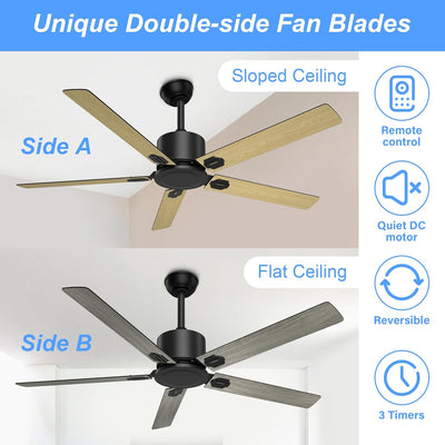 REVERSIBLE BLADE Ceiling Fan 52” 6 Speeds with Remote, Gray & Light Brown