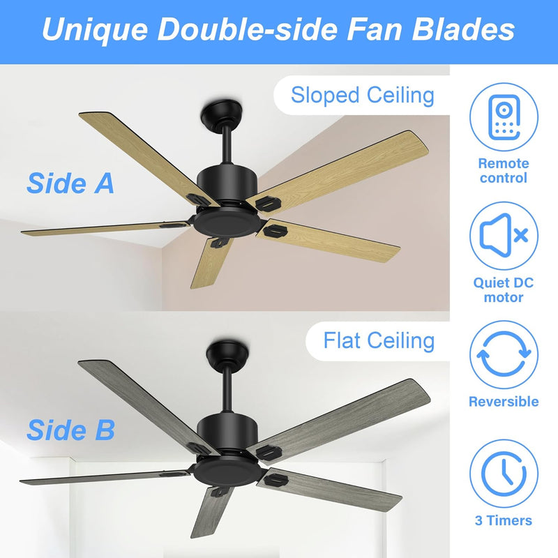 REVERSIBLE BLADE Ceiling Fan 52” 6 Speeds with Remote, Gray & Light Brown
