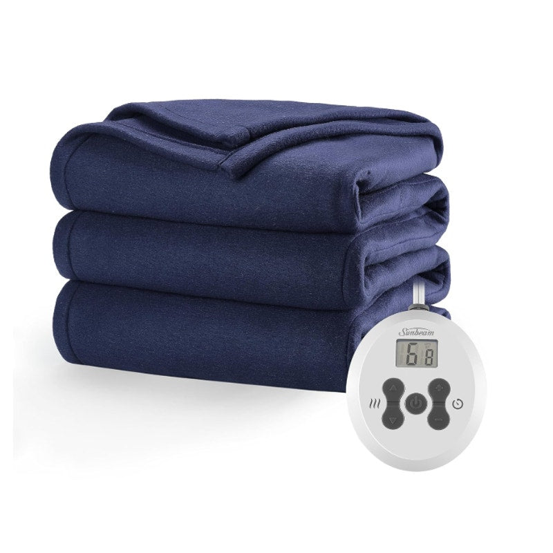 Sunbeam Heated Blanket | 10 Heat Settings, Quilted Fleece, Newport Blue, Full
