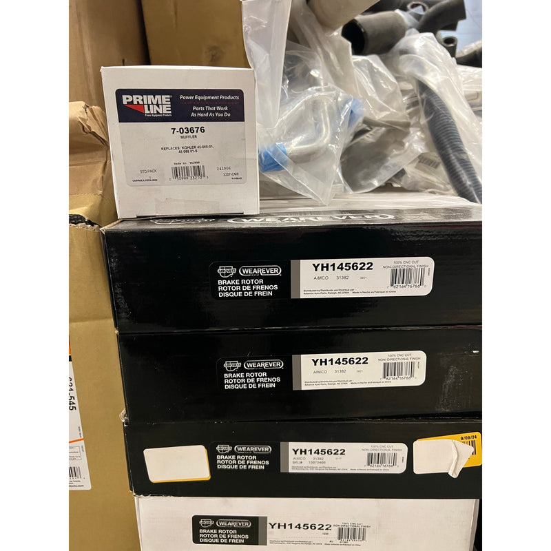 Pallet-of-75+ Pcs Auto Car Parts & Accessories Rotors, Control Arms, Brake Pads