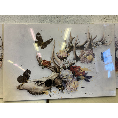 36" x 16" Sechars Deer Antler Wall Decor Elk Skull with Flower Painting, 3 Panel