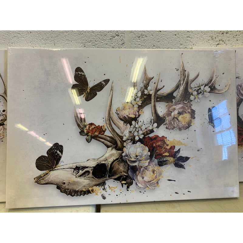 36" x 16" Sechars Deer Antler Wall Decor Elk Skull with Flower Painting, 3 Panel