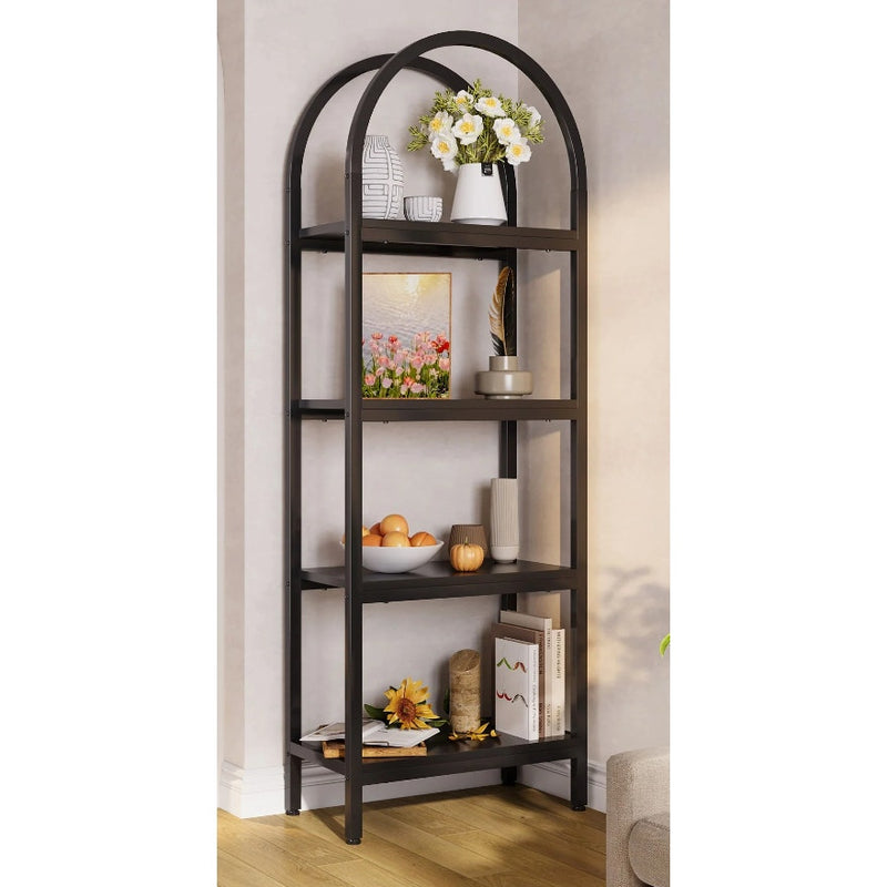 Tribesigns 4-Tier Bookshelf, Arched Bookcase Display Rack w Shelves Brown/ Black