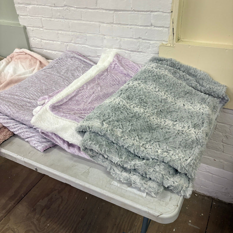 LOT-of-5 Throw Blankets, Plush,  Striped, Reversible Throws, Pink, Purple, Green