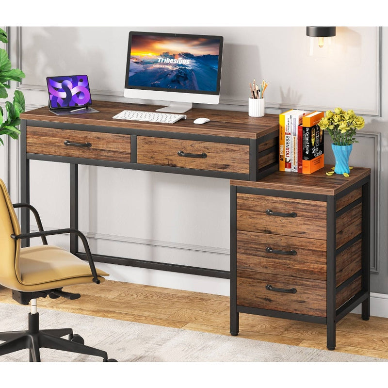 Tribesigns 5-Drawer Computer Desk Writing Table, Reversible Drawer Cabinet Brown