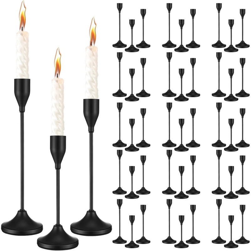 45-Pc Candlestick Holders 3-SIZES Taper Candles Holders, Black Metal, 6.5" 8" 9"