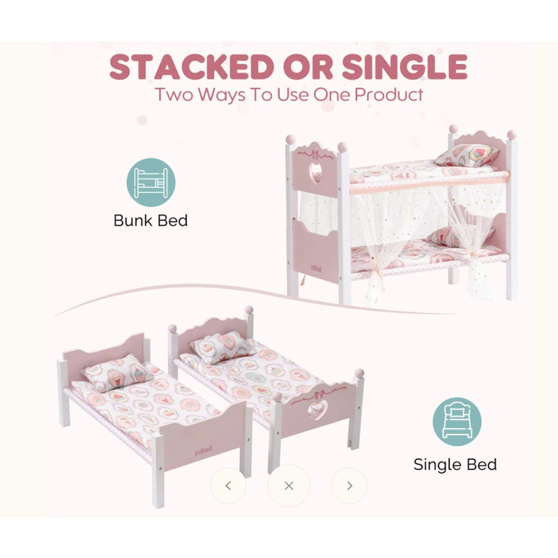 ROBUD Pink Princess Bunk Bed, Doll Bed Set w Curtain, 22.2"x18.7"x12.2" - WRP35