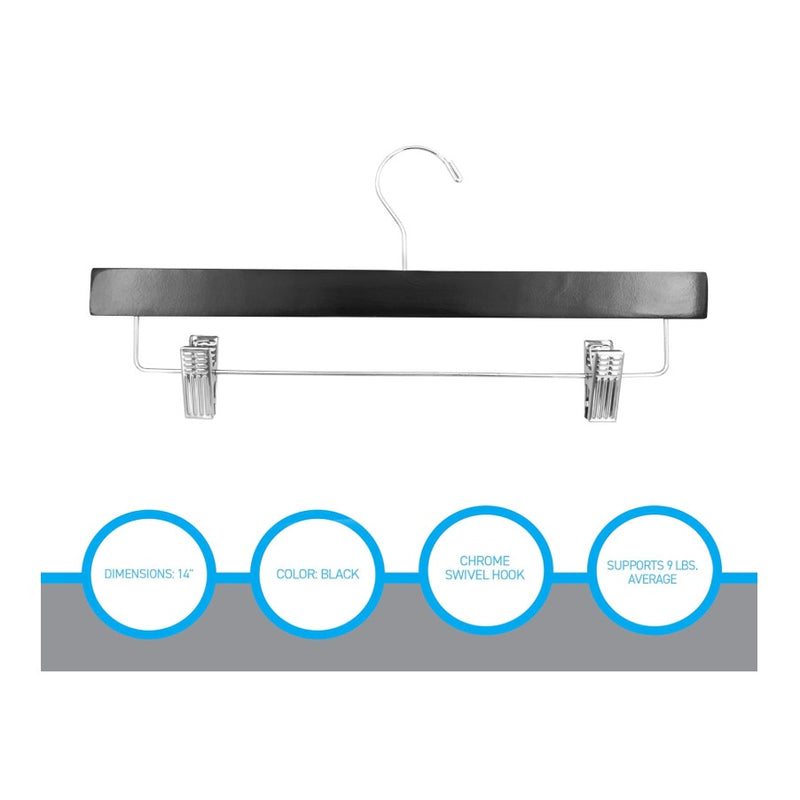 Case-of-50 SSWBasics 14-inch Black Wood Skirt and Pants Hangers