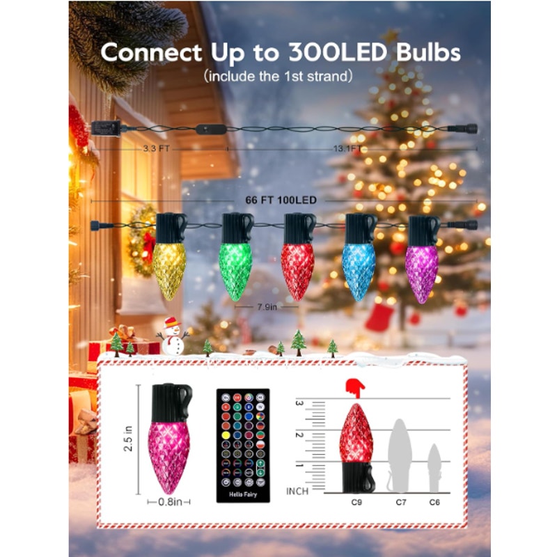 Brightown 66Ft C9 LED Christmas Lights Outdoor, 100LED RGB Christmas Tree Lights