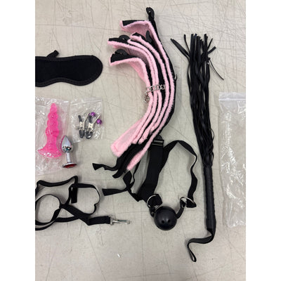 Bondage Kit Adult Handcuffs Ball Gag Nipple Clamps Blindfold Vibrator Plug Whip