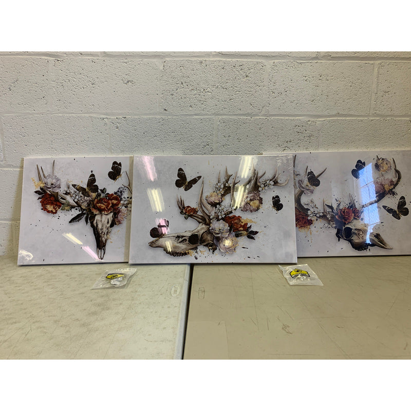 36" x 16" Sechars Deer Antler Wall Decor Elk Skull with Flower Painting, 3 Panel