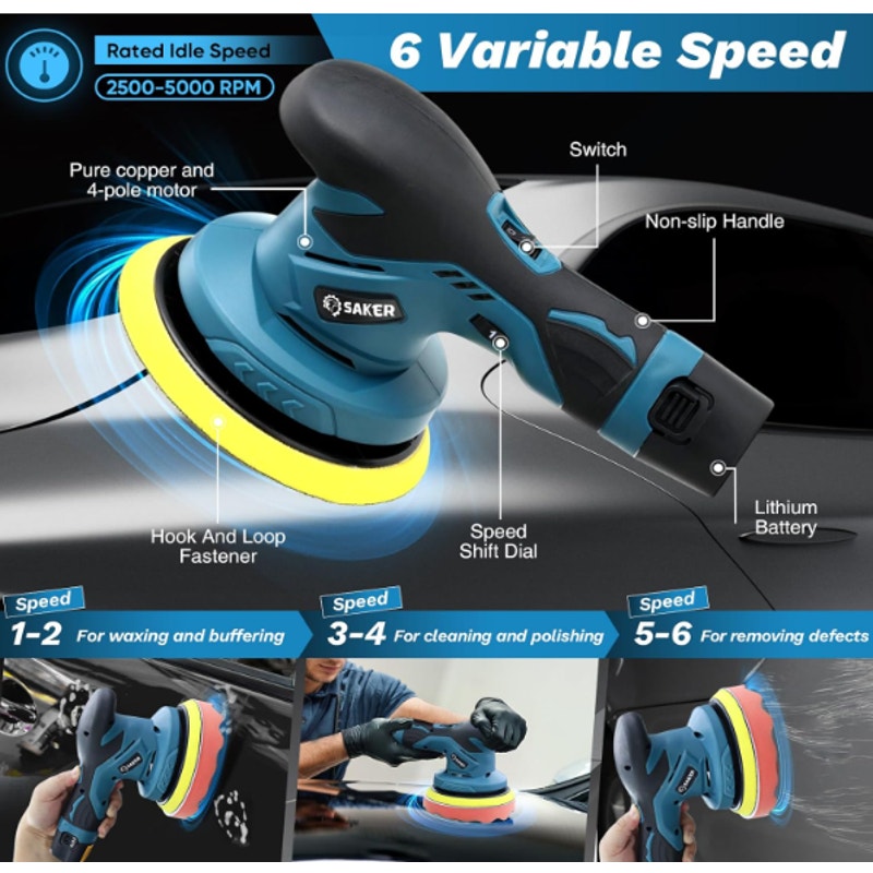 Saker Cordless Buffer Polisher PLUS 12V Rechargeable Battery Blue 10 Accessories