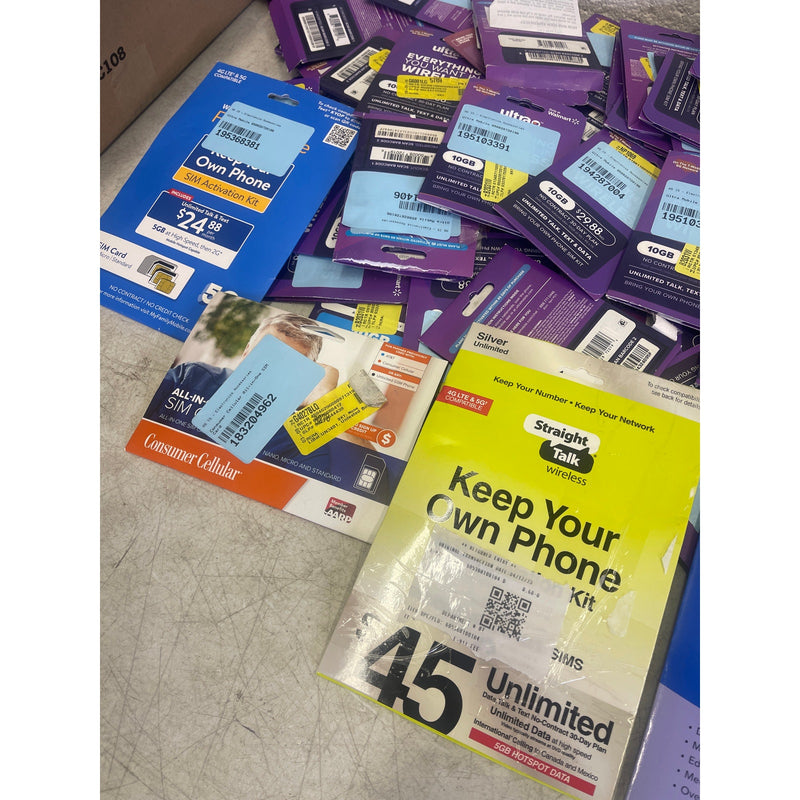 UNVERIFIED LOT OF 87 Mobile SIM Cards - Assortment of Brands & Plans