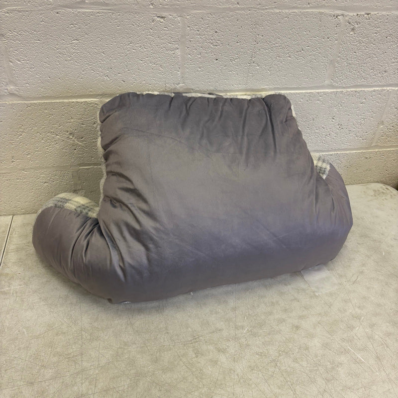 Plush Backrest Pillow, 34"W x 18"H Reading Pillow Soft - Gray Plaid Design