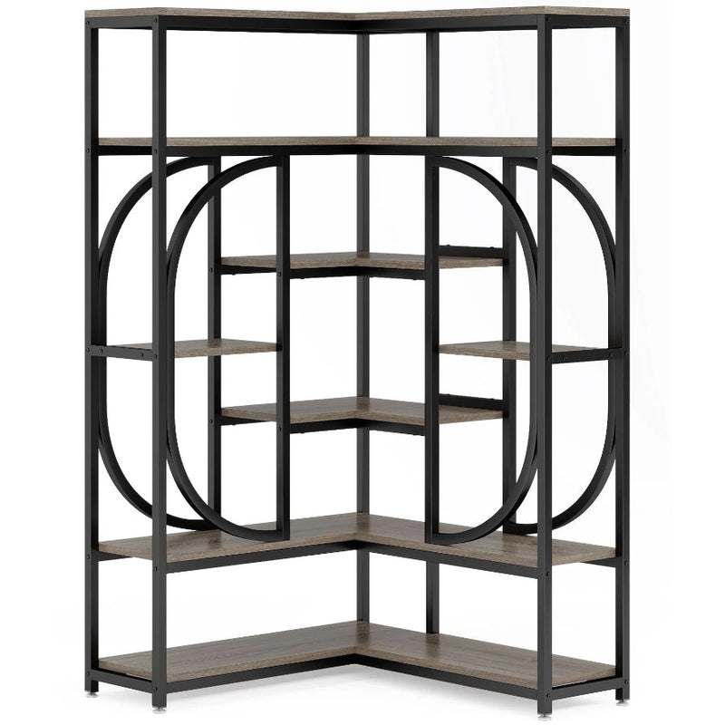 Tribesigns 7-Shelf Corner Bookshelf, L-Shaped Bookcase Display Rack Brown/ Black