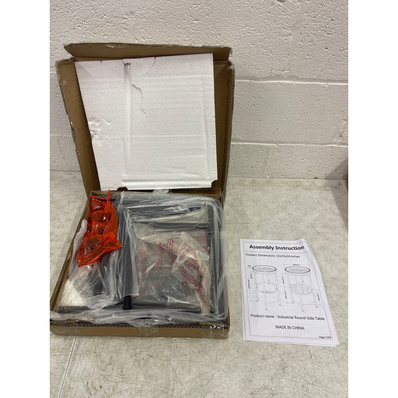 Industrial Round Side Table 15 x 15 x 24 Inches Marble 2 tier, White - Furniture