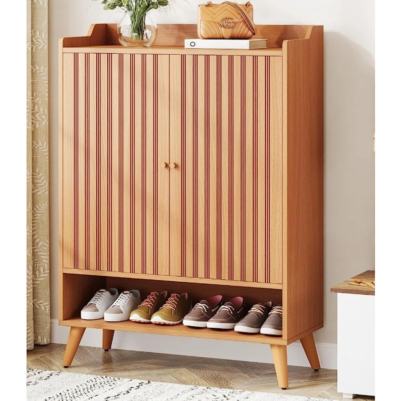 Tribesigns Wooden 6-Shelf Shoe Cabinet w Adjustable Shelves & 2-Doors, Brown