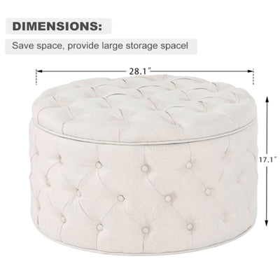 Homebeez 28" Round Storage Ottoman Button-Tufted Fabric Footrest Stool - Cream