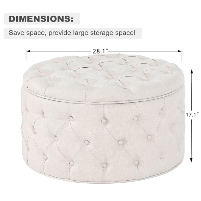 Homebeez 28" Round Storage Ottoman Button-Tufted Fabric Footrest Stool - Cream