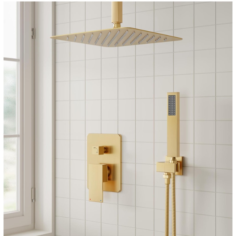 ESNBIA 12" Rain Shower Head System w Handheld Spray Combo - Gold, See Details