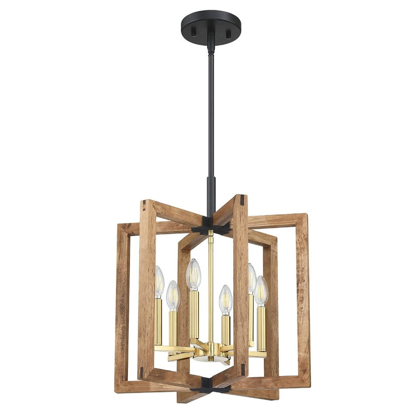 Leading Lighting 6 Light Gold Hanging Chandelier, Natural Wood with Black Frame