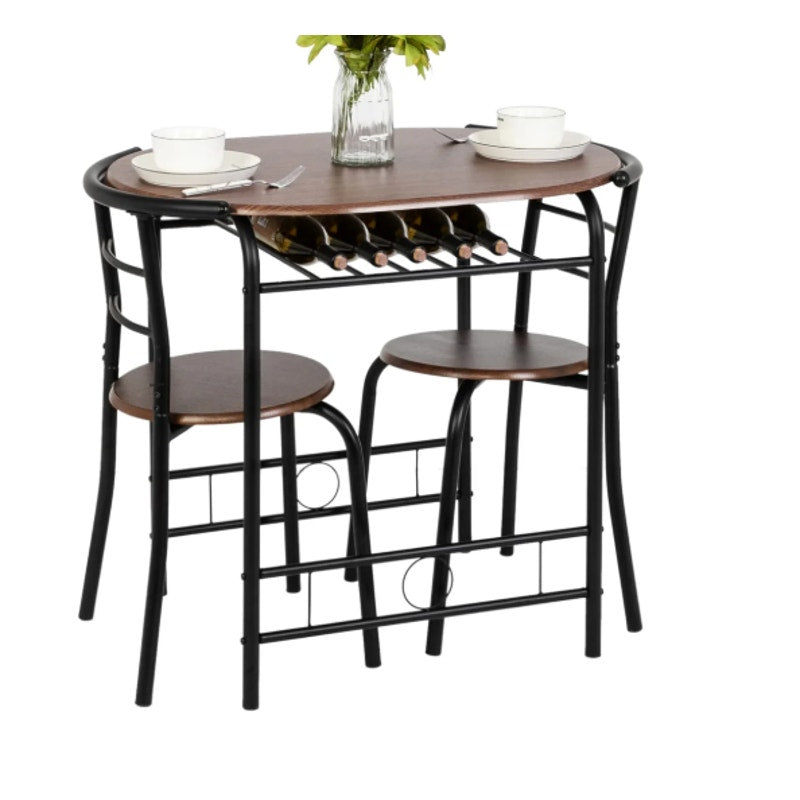 Vingli 3-Piece Dining Set Wooden Table and 2-Chairs w Wine Rack - Black Walnut