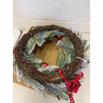 Christmas Wreath with Lights, Red Berries, Ornaments and Pine Branches, 24"