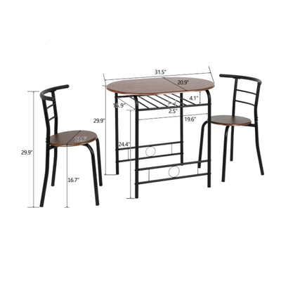 Vingli 3-Piece Dining Set Wooden Table and 2-Chairs w Wine Rack - Black Walnut