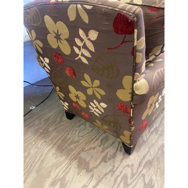 34" Armchair, Floral Design, Accent Chair, Wood Pegs, Brown/Tan/Red