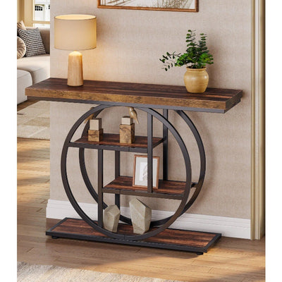 Tribesigns - 41.3" Console Table, Industrial 4-Tier Sofa Table with Circle Base