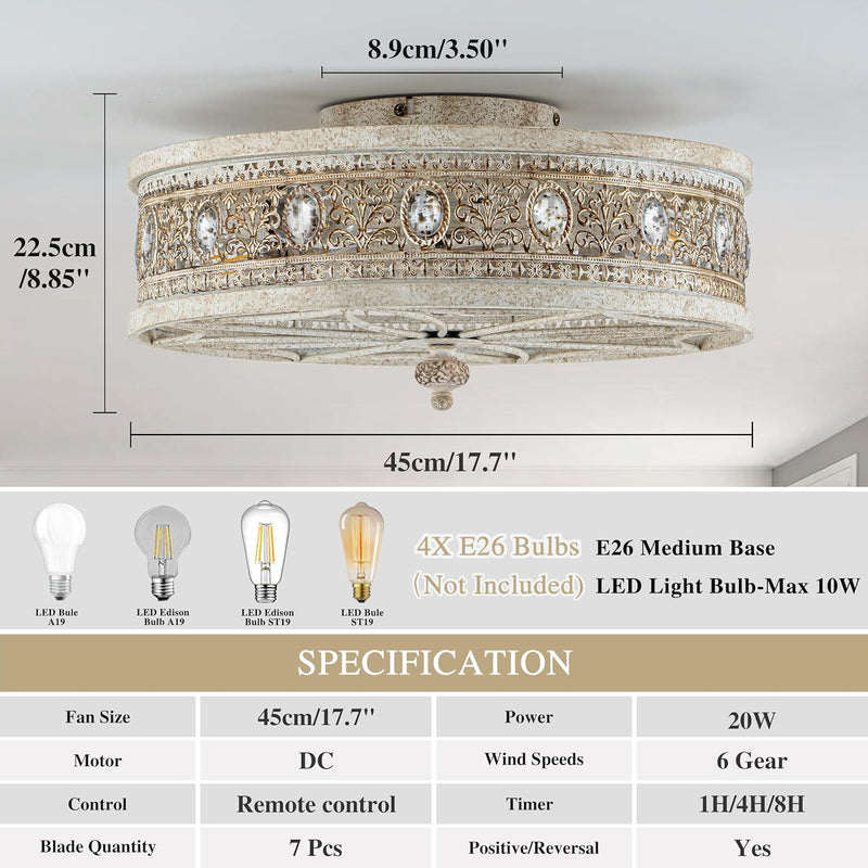 Vivlite Vintage Ceiling Light & Fan w Remote, 18" Flush Mount Antique White