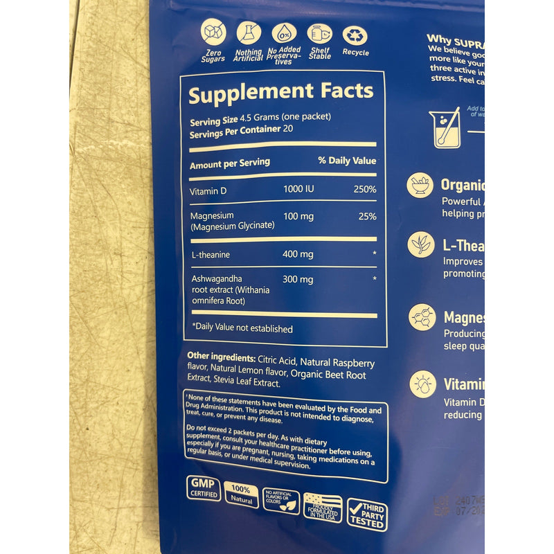Supracalm Powdered Drink Packets 20 Relaxation/Focus No Sugar/GMO Rasp Lemonade