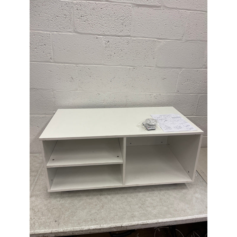 38" Wood Coffee Table TV Stand w Storage, 3 Shelves, 4 Rotating Casters, White