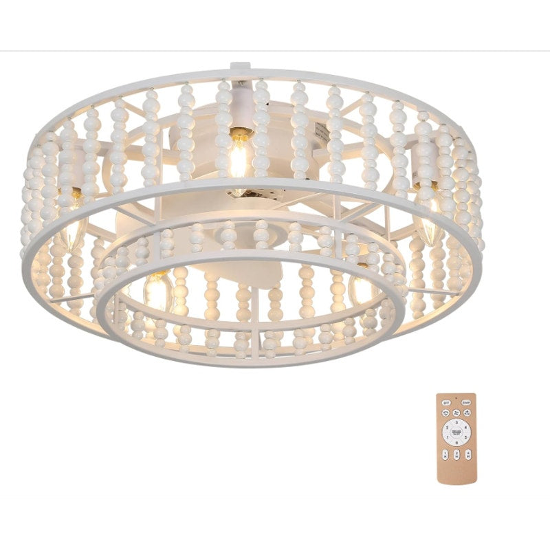 Boho Wood Beaded Ceiling Fan with Light and Remote, 19" Caged Ceiling Fan White