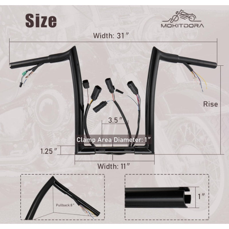 MoKitDora Road King Prewired Ape Hangers Classic 14" Rise Meathook Handlebar