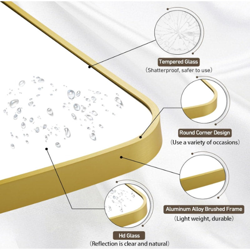 CLBA Matte Gold Mirror 22x30" Rounded Rectangle Aluminum Alloy Framed Vanity