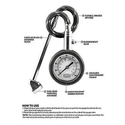 Slime Dual Head RV Dial Tire Gauge 10-160PSI Extra Long Air Hose Shock Resistant