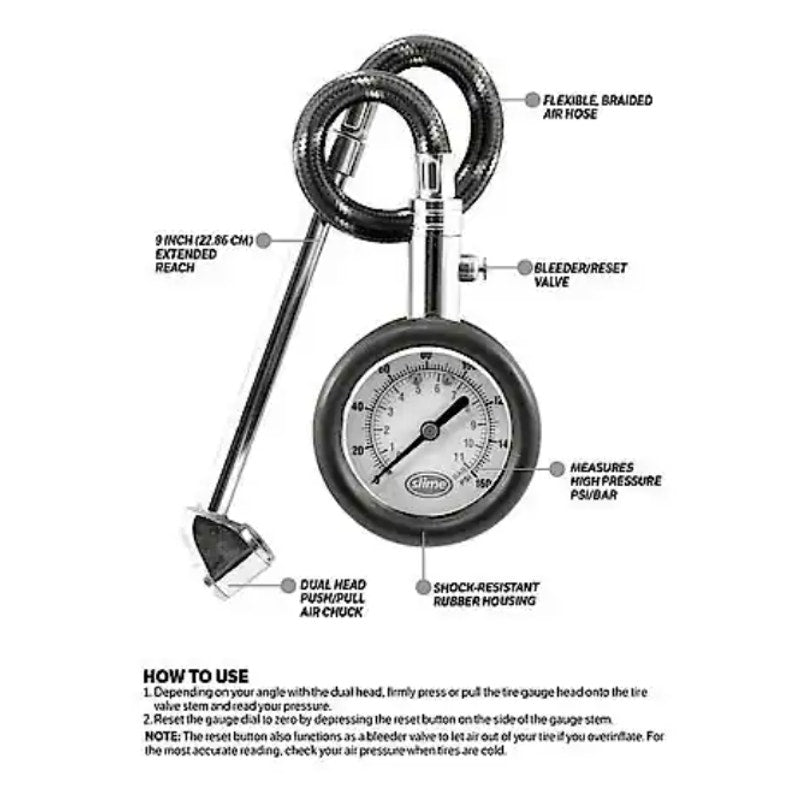 Slime Dual Head RV Dial Tire Gauge 10-160PSI Extra Long Air Hose Shock Resistant